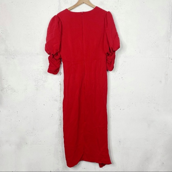 Self Portrait Crepe Red Midi Ruffle Puff Sleeve Crepe Dress Size 10 - Picture 5 of 7